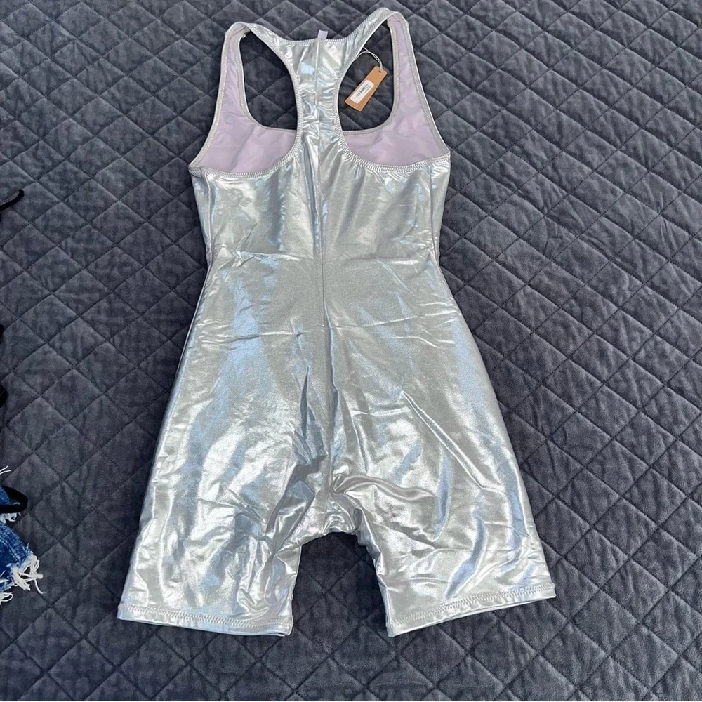 Skims Nickel Metallic Swim Cycle Suit Women Small one piece Silver suit B13